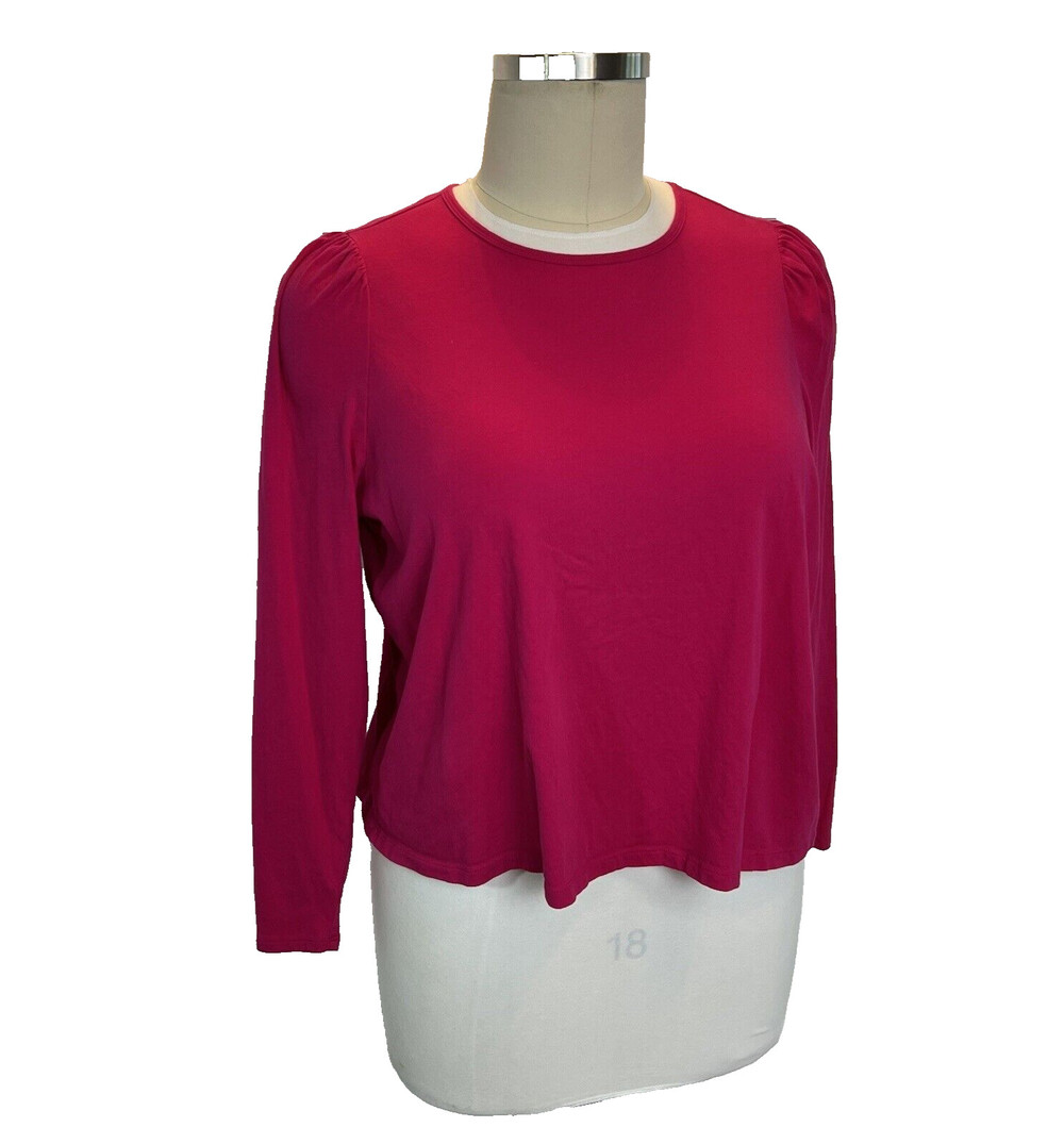 Old Navy - Women's 2X Blouse Pink Long Puff Sleeve Cotton Crewneck